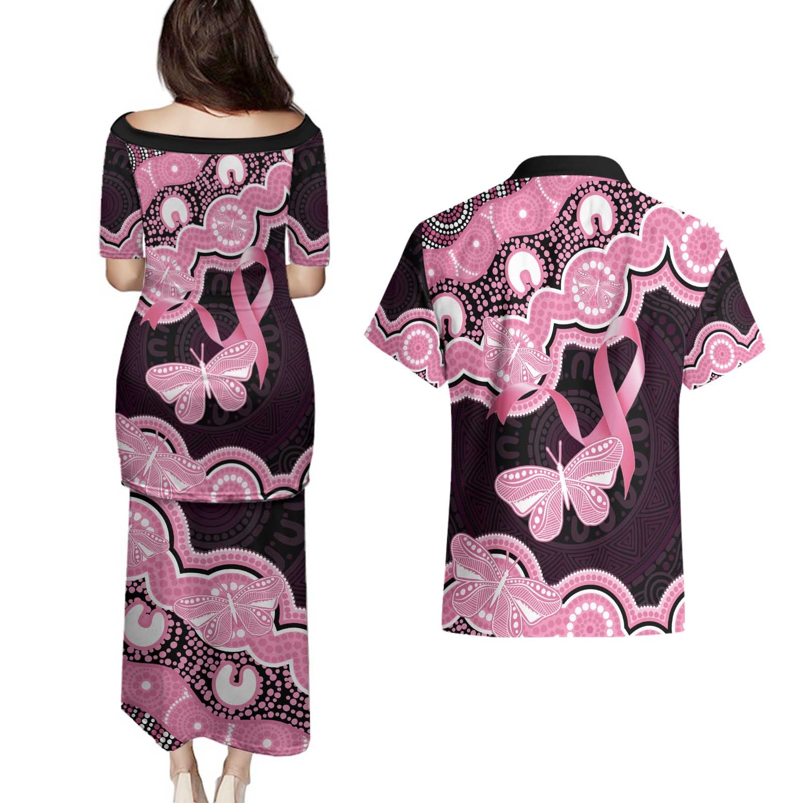 Australia Indigenous Couples Matching Puletasi and Hawaiian Shirt Pink Ribbon Breast Cancer Butterfly Aboriginal Black - Aussie Hoodie