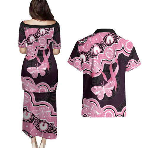 Australia Indigenous Couples Matching Puletasi and Hawaiian Shirt Pink Ribbon Breast Cancer Butterfly Aboriginal Black - Aussie Hoodie