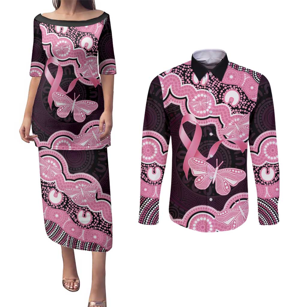 Australia Indigenous Couples Matching Puletasi and Long Sleeve Button Shirt Pink Ribbon Breast Cancer Butterfly Aboriginal Black - Aussie Hoodie