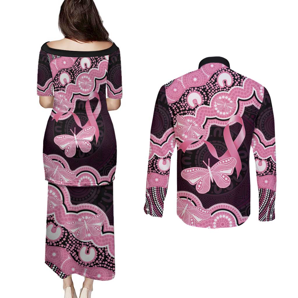 Australia Indigenous Couples Matching Puletasi and Long Sleeve Button Shirt Pink Ribbon Breast Cancer Butterfly Aboriginal Black - Aussie Hoodie