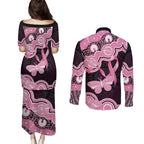 Australia Indigenous Couples Matching Puletasi and Long Sleeve Button Shirt Pink Ribbon Breast Cancer Butterfly Aboriginal Black - Aussie Hoodie
