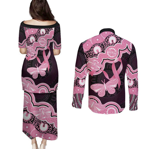 Australia Indigenous Couples Matching Puletasi and Long Sleeve Button Shirt Pink Ribbon Breast Cancer Butterfly Aboriginal Black - Aussie Hoodie