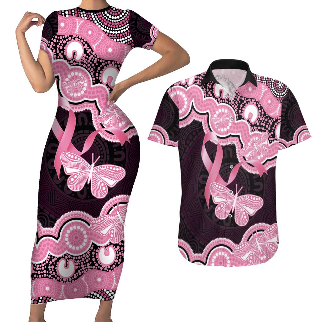 Australia Indigenous Couples Matching Short Sleeve Bodycon Dress and Hawaiian Shirt Pink Ribbon Breast Cancer Butterfly Aboriginal Black - Aussie Hoodie