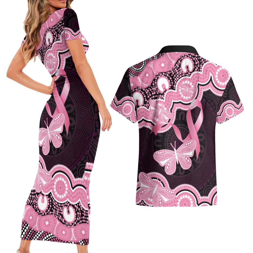 Australia Indigenous Couples Matching Short Sleeve Bodycon Dress and Hawaiian Shirt Pink Ribbon Breast Cancer Butterfly Aboriginal Black - Aussie Hoodie