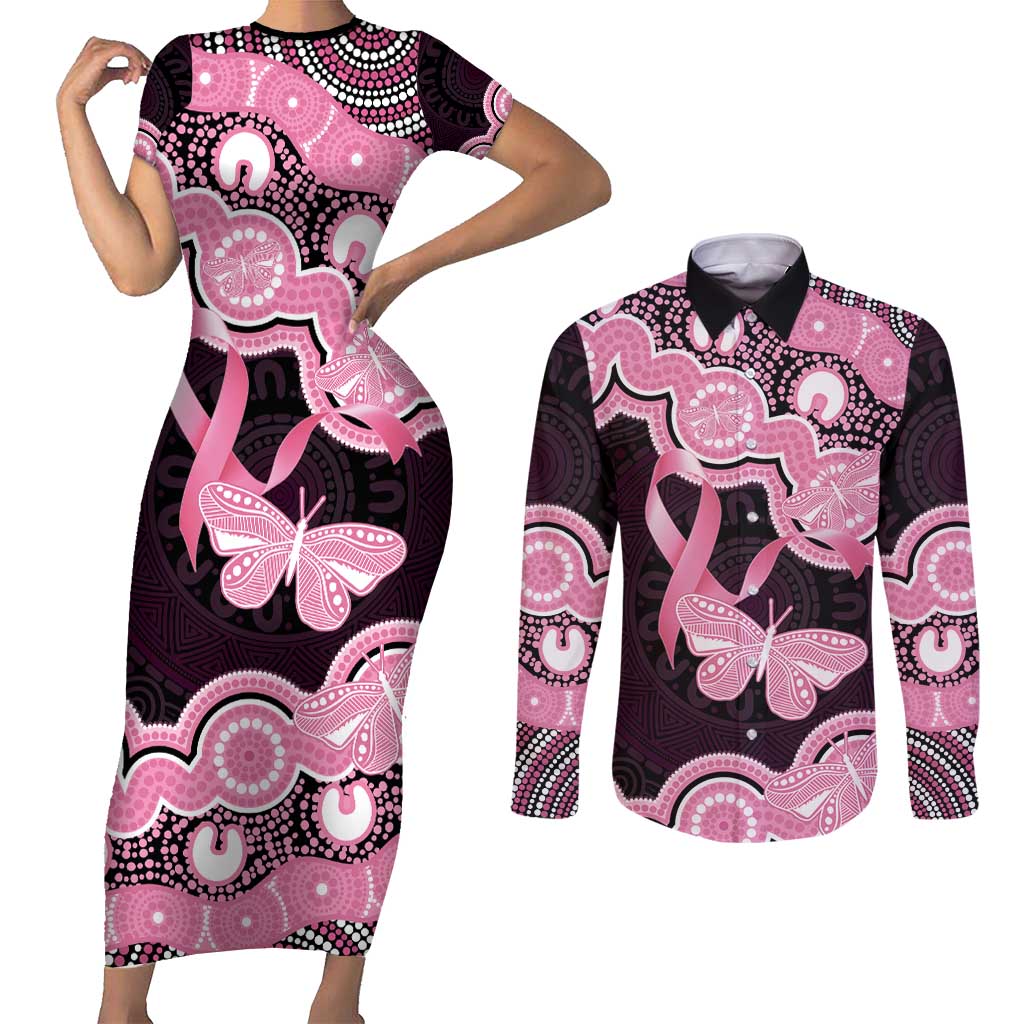 Australia Indigenous Couples Matching Short Sleeve Bodycon Dress and Long Sleeve Button Shirt Pink Ribbon Breast Cancer Butterfly Aboriginal Black - Aussie Hoodie