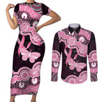 Australia Indigenous Couples Matching Short Sleeve Bodycon Dress and Long Sleeve Button Shirt Pink Ribbon Breast Cancer Butterfly Aboriginal Black - Aussie Hoodie