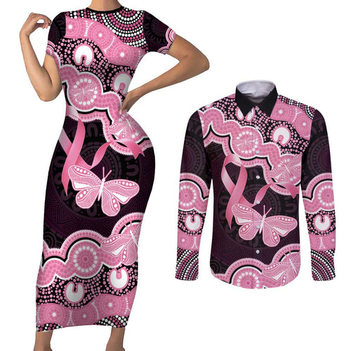 Australia Indigenous Couples Matching Short Sleeve Bodycon Dress and Long Sleeve Button Shirt Pink Ribbon Breast Cancer Butterfly Aboriginal Black - Aussie Hoodie