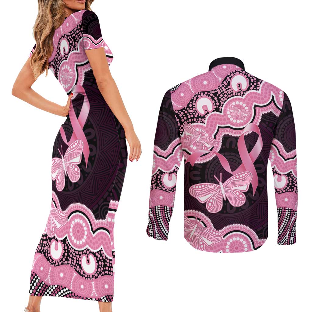 Australia Indigenous Couples Matching Short Sleeve Bodycon Dress and Long Sleeve Button Shirt Pink Ribbon Breast Cancer Butterfly Aboriginal Black - Aussie Hoodie