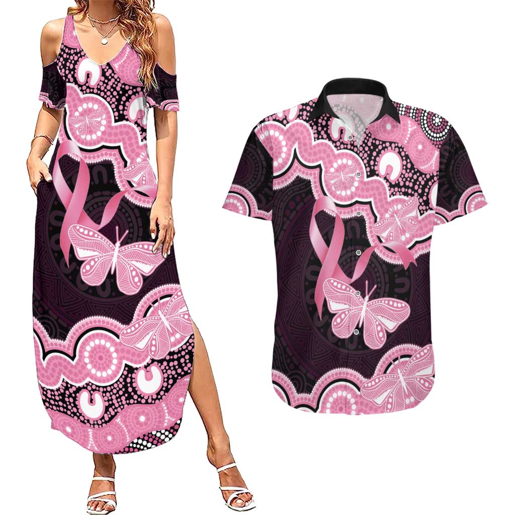 Australia Indigenous Couples Matching Summer Maxi Dress and Hawaiian Shirt Pink Ribbon Breast Cancer Butterfly Aboriginal Black - Aussie Hoodie