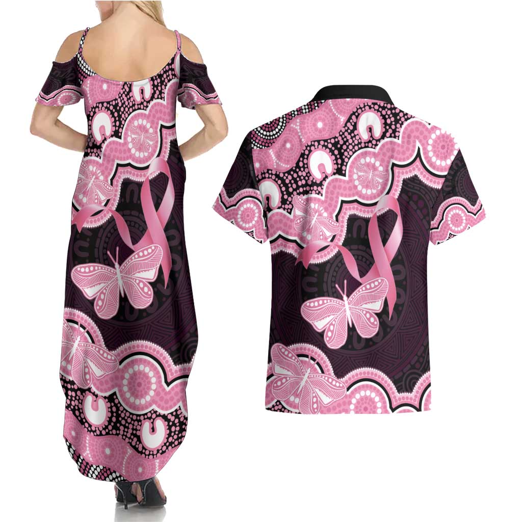 Australia Indigenous Couples Matching Summer Maxi Dress and Hawaiian Shirt Pink Ribbon Breast Cancer Butterfly Aboriginal Black - Aussie Hoodie