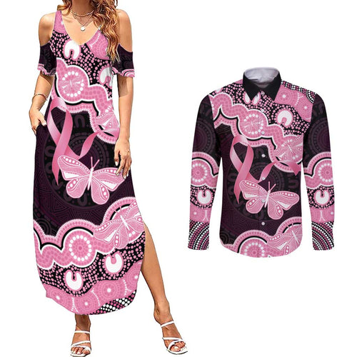 Australia Indigenous Couples Matching Summer Maxi Dress and Long Sleeve Button Shirt Pink Ribbon Breast Cancer Butterfly Aboriginal Black - Aussie Hoodie