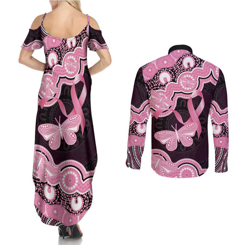 Australia Indigenous Couples Matching Summer Maxi Dress and Long Sleeve Button Shirt Pink Ribbon Breast Cancer Butterfly Aboriginal Black - Aussie Hoodie