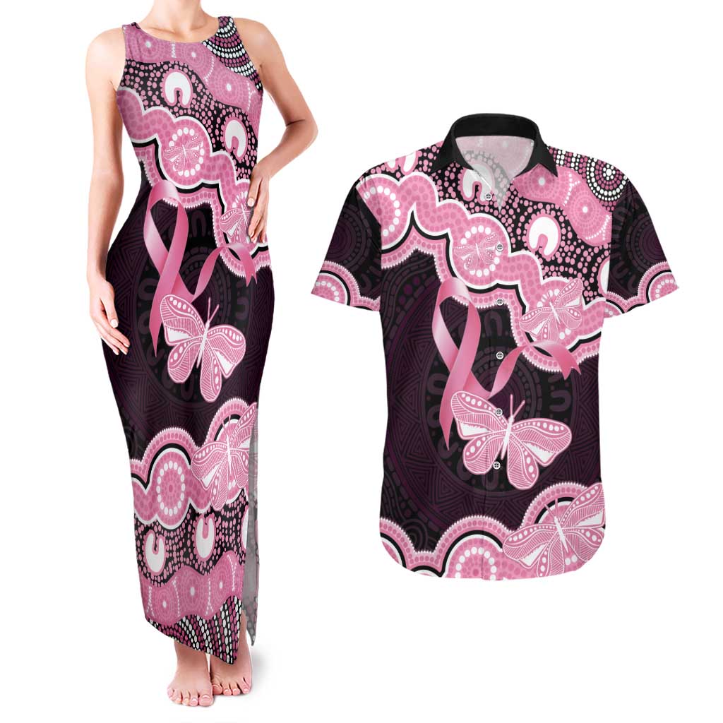 Australia Indigenous Couples Matching Tank Maxi Dress and Hawaiian Shirt Pink Ribbon Breast Cancer Butterfly Aboriginal Black - Aussie Hoodie