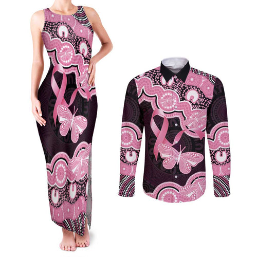 Australia Indigenous Couples Matching Tank Maxi Dress and Long Sleeve Button Shirt Pink Ribbon Breast Cancer Butterfly Aboriginal Black - Aussie Hoodie