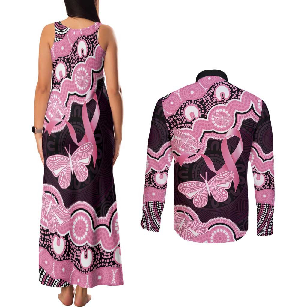 Australia Indigenous Couples Matching Tank Maxi Dress and Long Sleeve Button Shirt Pink Ribbon Breast Cancer Butterfly Aboriginal Black - Aussie Hoodie