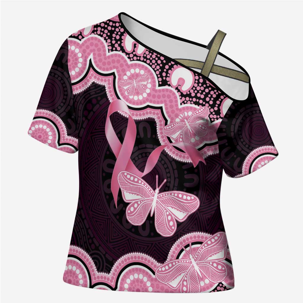 Australia Indigenous Cross Shoulder Shirt Pink Ribbon Breast Cancer Butterfly Aboriginal Black - Aussie Hoodie