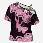 Australia Indigenous Cross Shoulder Shirt Pink Ribbon Breast Cancer Butterfly Aboriginal Black - Aussie Hoodie