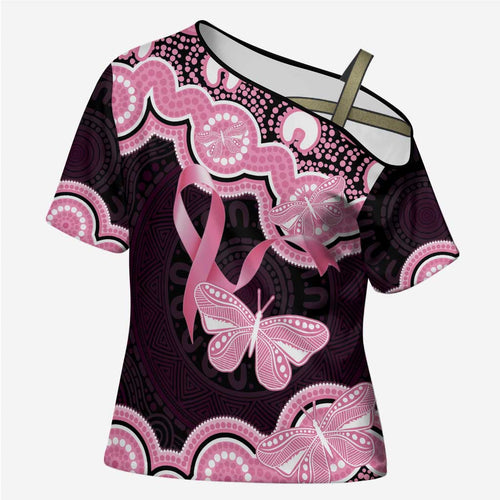 Australia Indigenous Cross Shoulder Shirt Pink Ribbon Breast Cancer Butterfly Aboriginal Black - Aussie Hoodie