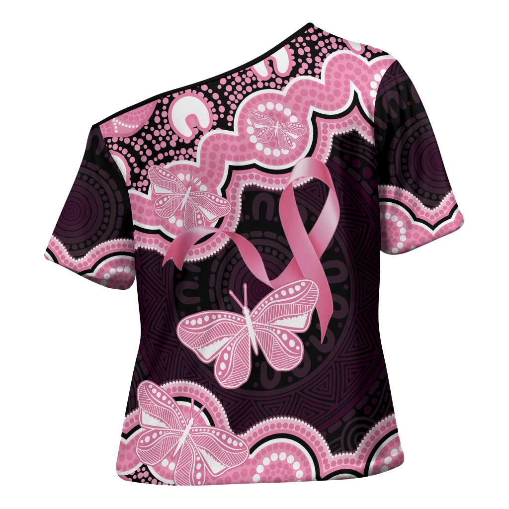 Australia Indigenous Cross Shoulder Shirt Pink Ribbon Breast Cancer Butterfly Aboriginal Black - Aussie Hoodie