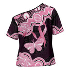 Australia Indigenous Cross Shoulder Shirt Pink Ribbon Breast Cancer Butterfly Aboriginal Black - Aussie Hoodie