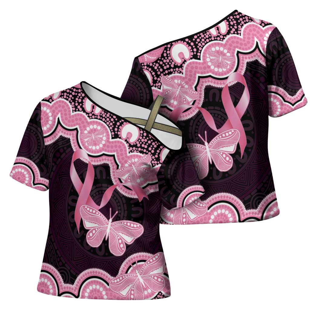 Australia Indigenous Cross Shoulder Shirt Pink Ribbon Breast Cancer Butterfly Aboriginal Black - Aussie Hoodie