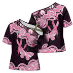 Australia Indigenous Cross Shoulder Shirt Pink Ribbon Breast Cancer Butterfly Aboriginal Black - Aussie Hoodie