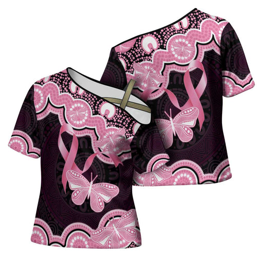 Australia Indigenous Cross Shoulder Shirt Pink Ribbon Breast Cancer Butterfly Aboriginal Black - Aussie Hoodie