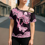 Australia Indigenous Cross Shoulder Shirt Pink Ribbon Breast Cancer Butterfly Aboriginal Black - Aussie Hoodie