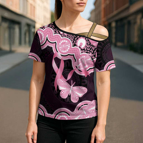 Australia Indigenous Cross Shoulder Shirt Pink Ribbon Breast Cancer Butterfly Aboriginal Black - Aussie Hoodie