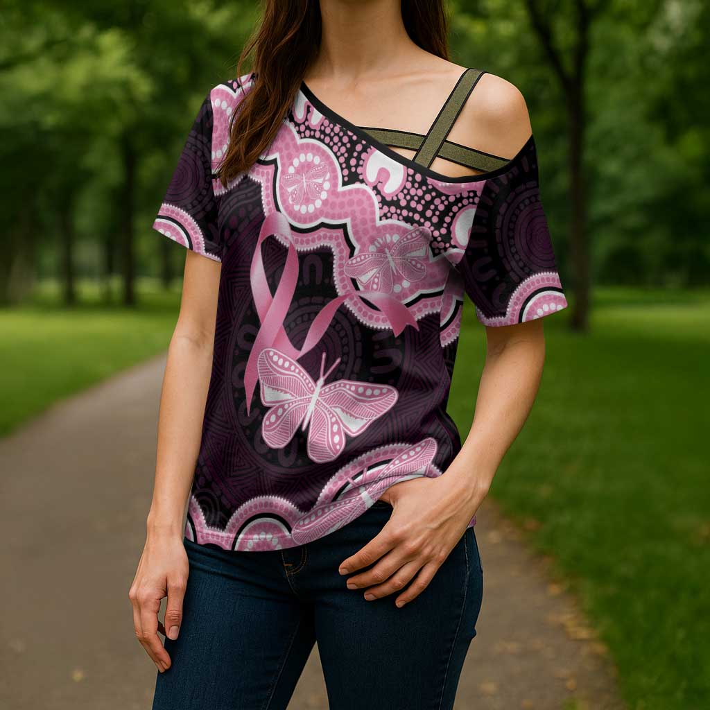 Australia Indigenous Cross Shoulder Shirt Pink Ribbon Breast Cancer Butterfly Aboriginal Black - Aussie Hoodie