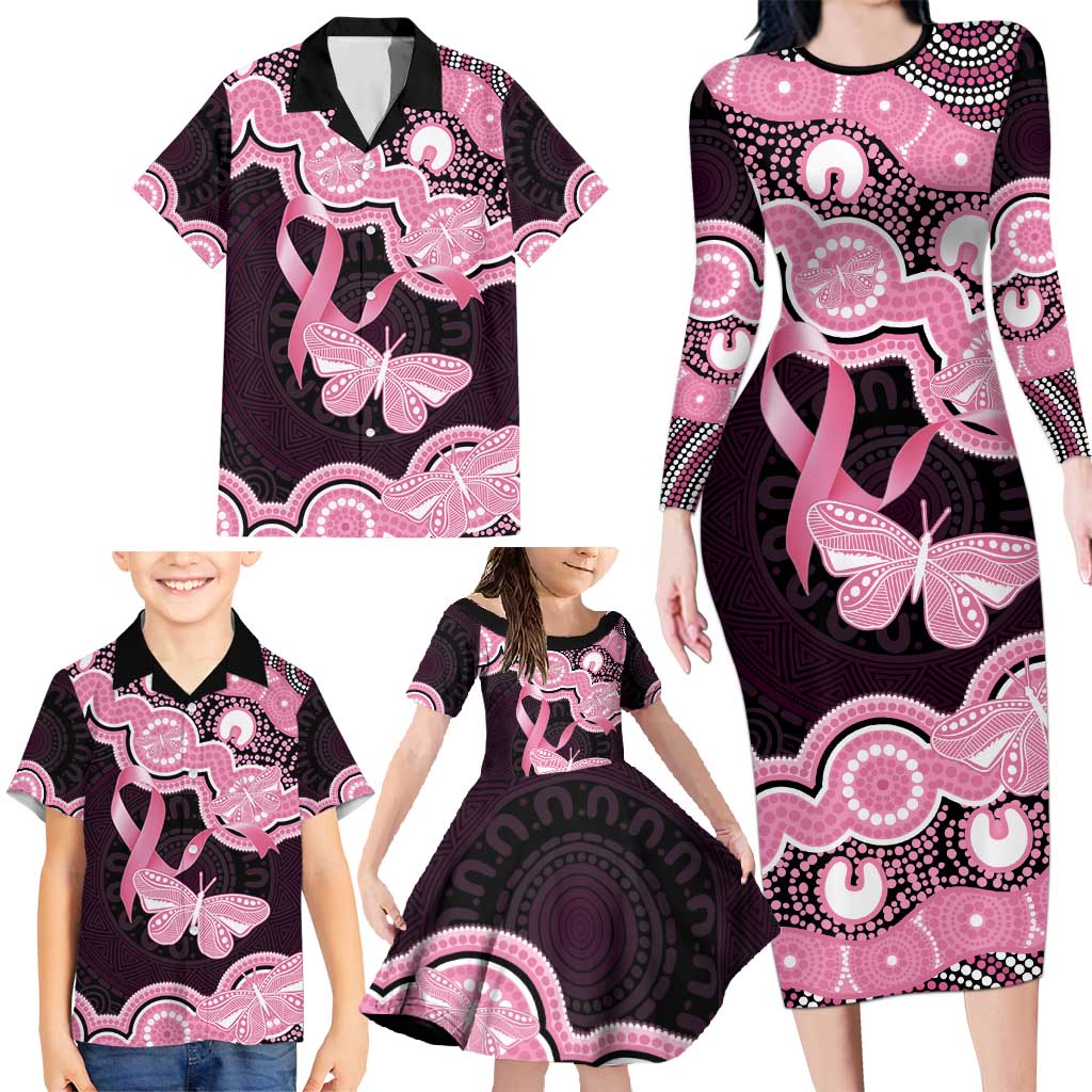 Australia Indigenous Family Matching Long Sleeve Bodycon Dress and Hawaiian Shirt Pink Ribbon Breast Cancer Butterfly Aboriginal Black - Aussie Hoodie