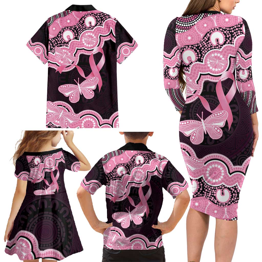 Australia Indigenous Family Matching Long Sleeve Bodycon Dress and Hawaiian Shirt Pink Ribbon Breast Cancer Butterfly Aboriginal Black - Aussie Hoodie