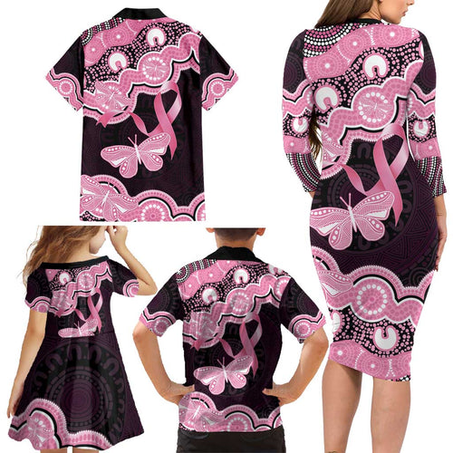 Australia Indigenous Family Matching Long Sleeve Bodycon Dress and Hawaiian Shirt Pink Ribbon Breast Cancer Butterfly Aboriginal Black - Aussie Hoodie