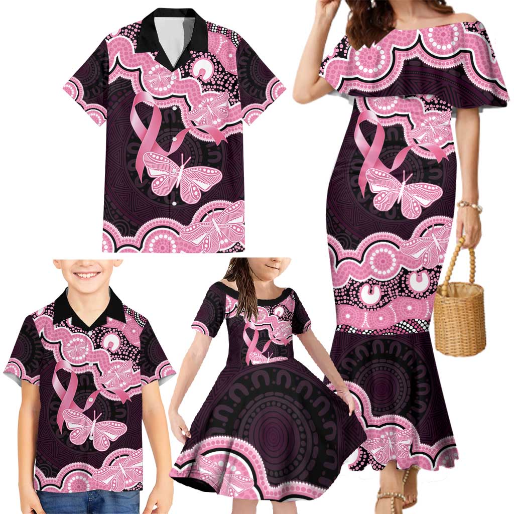 Australia Indigenous Family Matching Mermaid Dress and Hawaiian Shirt Pink Ribbon Breast Cancer Butterfly Aboriginal Black - Aussie Hoodie