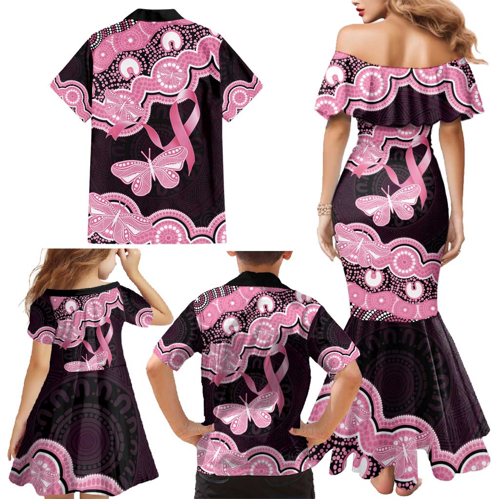 Australia Indigenous Family Matching Mermaid Dress and Hawaiian Shirt Pink Ribbon Breast Cancer Butterfly Aboriginal Black - Aussie Hoodie