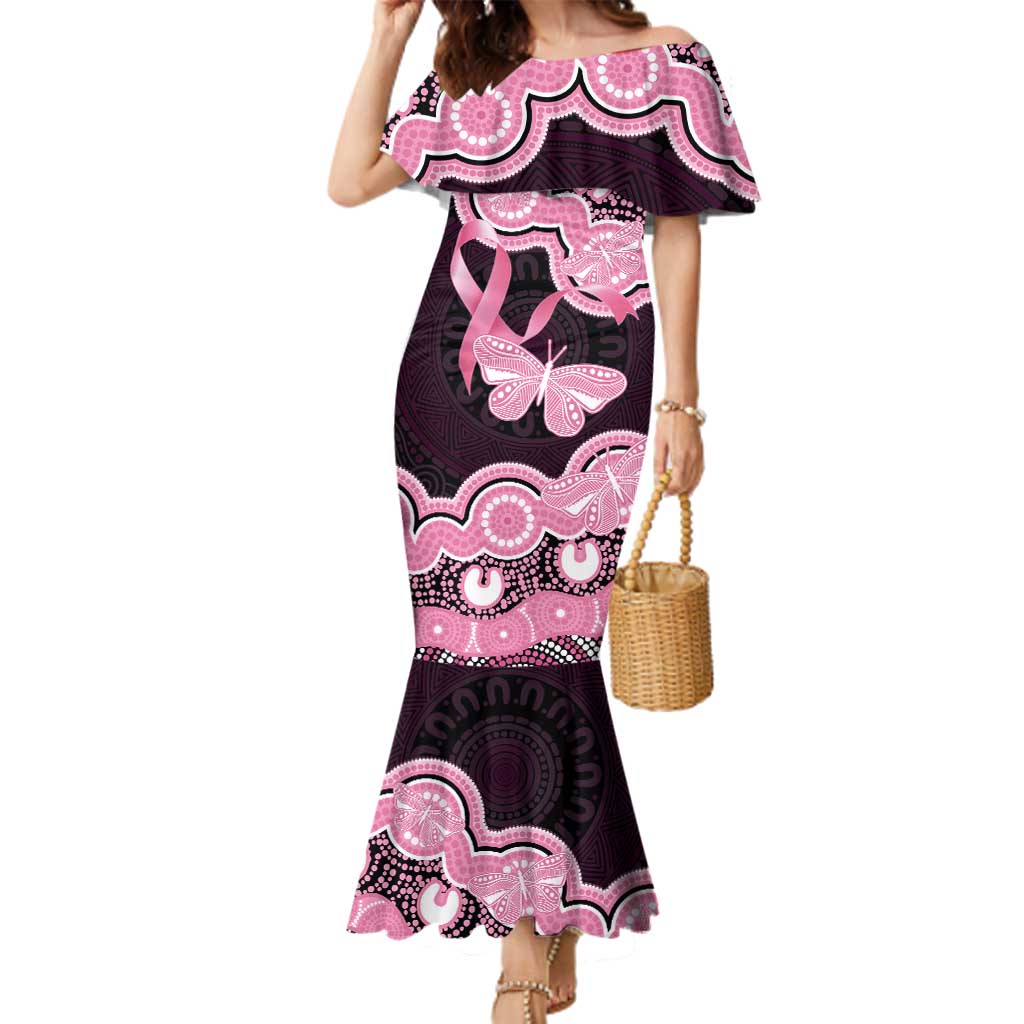 Australia Indigenous Family Matching Mermaid Dress and Hawaiian Shirt Pink Ribbon Breast Cancer Butterfly Aboriginal Black - Aussie Hoodie