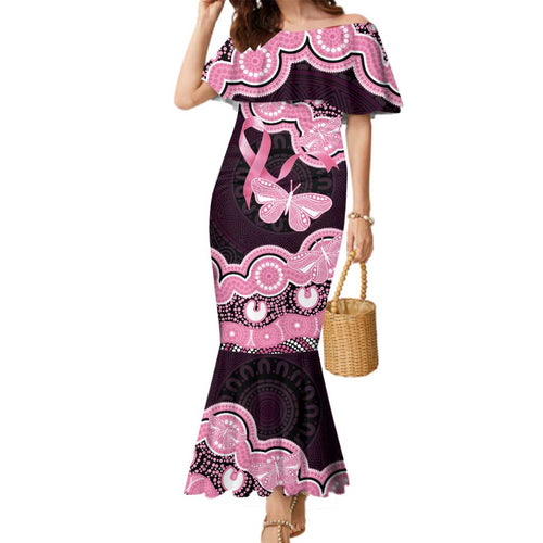 Australia Indigenous Family Matching Mermaid Dress and Hawaiian Shirt Pink Ribbon Breast Cancer Butterfly Aboriginal Black - Aussie Hoodie