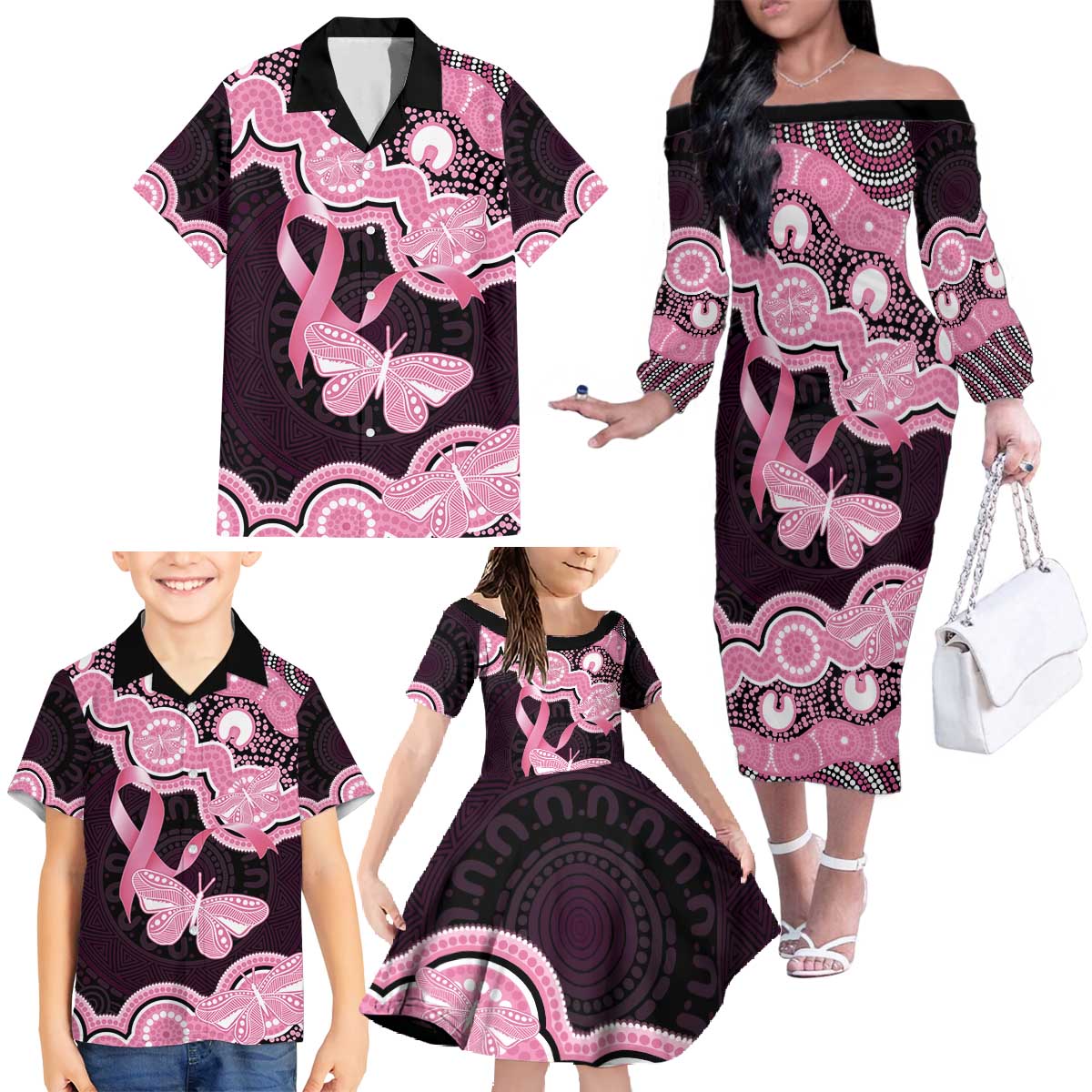 Australia Indigenous Family Matching Off The Shoulder Long Sleeve Dress and Hawaiian Shirt Pink Ribbon Breast Cancer Butterfly Aboriginal Black - Aussie Hoodie
