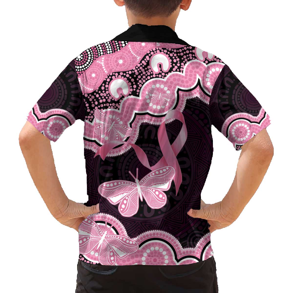 Australia Indigenous Family Matching Off The Shoulder Long Sleeve Dress and Hawaiian Shirt Pink Ribbon Breast Cancer Butterfly Aboriginal Black - Aussie Hoodie