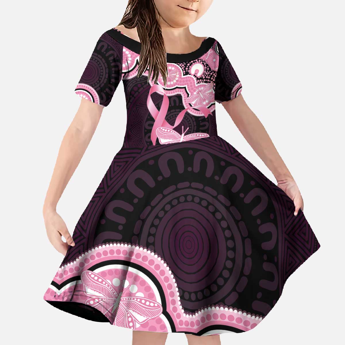 Australia Indigenous Family Matching Off The Shoulder Long Sleeve Dress and Hawaiian Shirt Pink Ribbon Breast Cancer Butterfly Aboriginal Black - Aussie Hoodie