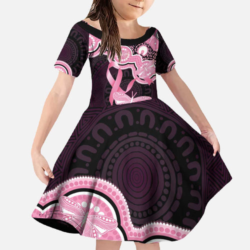 Australia Indigenous Family Matching Off The Shoulder Long Sleeve Dress and Hawaiian Shirt Pink Ribbon Breast Cancer Butterfly Aboriginal Black - Aussie Hoodie