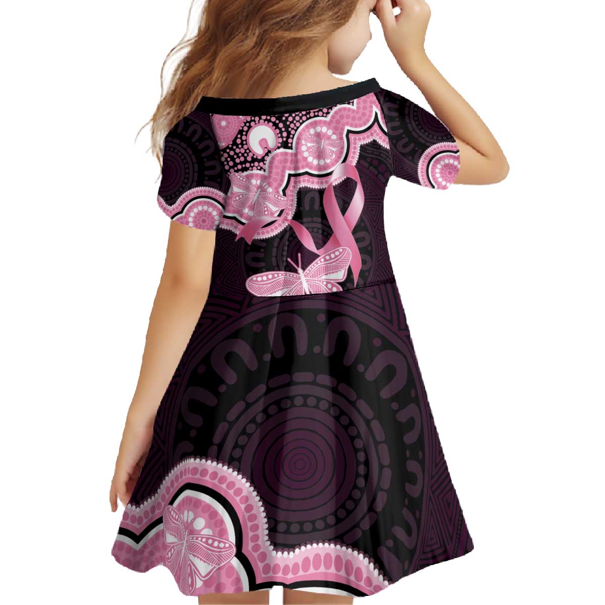 Australia Indigenous Family Matching Off The Shoulder Long Sleeve Dress and Hawaiian Shirt Pink Ribbon Breast Cancer Butterfly Aboriginal Black - Aussie Hoodie