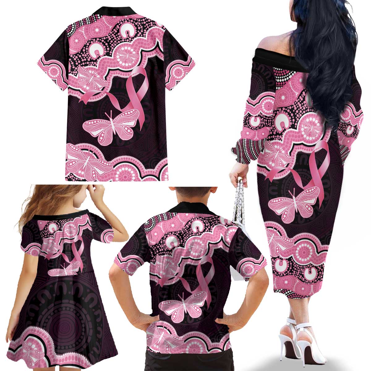 Australia Indigenous Family Matching Off The Shoulder Long Sleeve Dress and Hawaiian Shirt Pink Ribbon Breast Cancer Butterfly Aboriginal Black - Aussie Hoodie