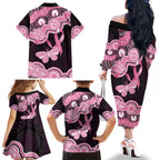 Australia Indigenous Family Matching Off The Shoulder Long Sleeve Dress and Hawaiian Shirt Pink Ribbon Breast Cancer Butterfly Aboriginal Black - Aussie Hoodie