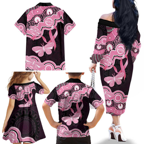 Australia Indigenous Family Matching Off The Shoulder Long Sleeve Dress and Hawaiian Shirt Pink Ribbon Breast Cancer Butterfly Aboriginal Black - Aussie Hoodie