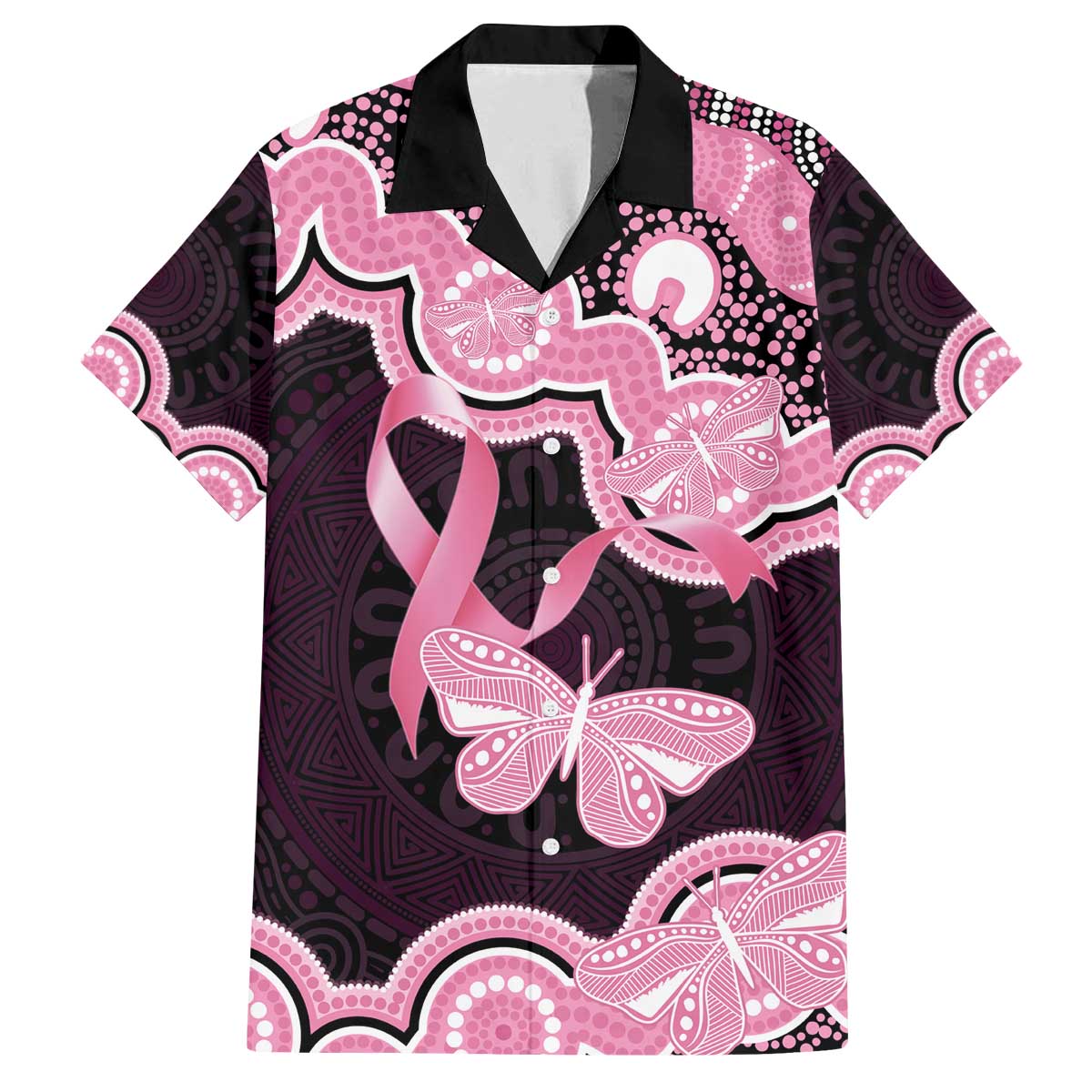 Australia Indigenous Family Matching Off The Shoulder Long Sleeve Dress and Hawaiian Shirt Pink Ribbon Breast Cancer Butterfly Aboriginal Black - Aussie Hoodie