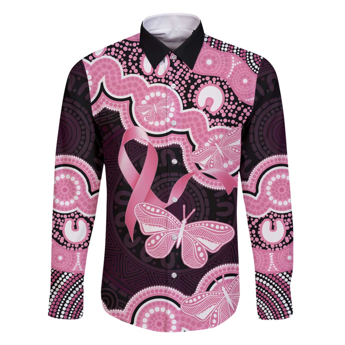 Australia Indigenous Family Matching Off The Shoulder Long Sleeve Dress and Hawaiian Shirt Pink Ribbon Breast Cancer Butterfly Aboriginal Black - Aussie Hoodie