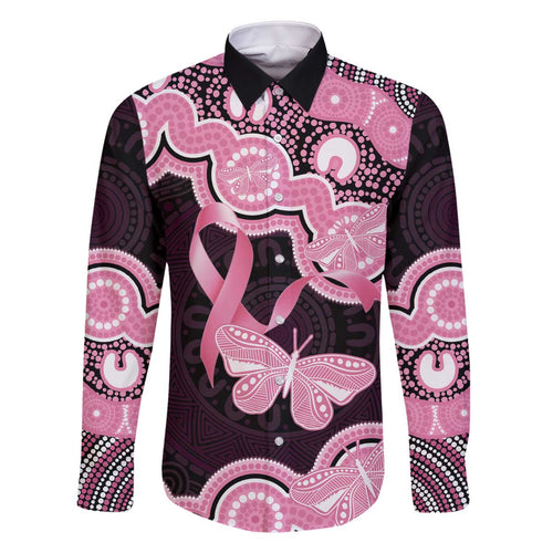 Australia Indigenous Family Matching Off The Shoulder Long Sleeve Dress and Hawaiian Shirt Pink Ribbon Breast Cancer Butterfly Aboriginal Black - Aussie Hoodie