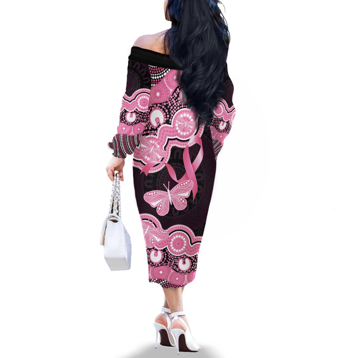 Australia Indigenous Family Matching Off The Shoulder Long Sleeve Dress and Hawaiian Shirt Pink Ribbon Breast Cancer Butterfly Aboriginal Black - Aussie Hoodie