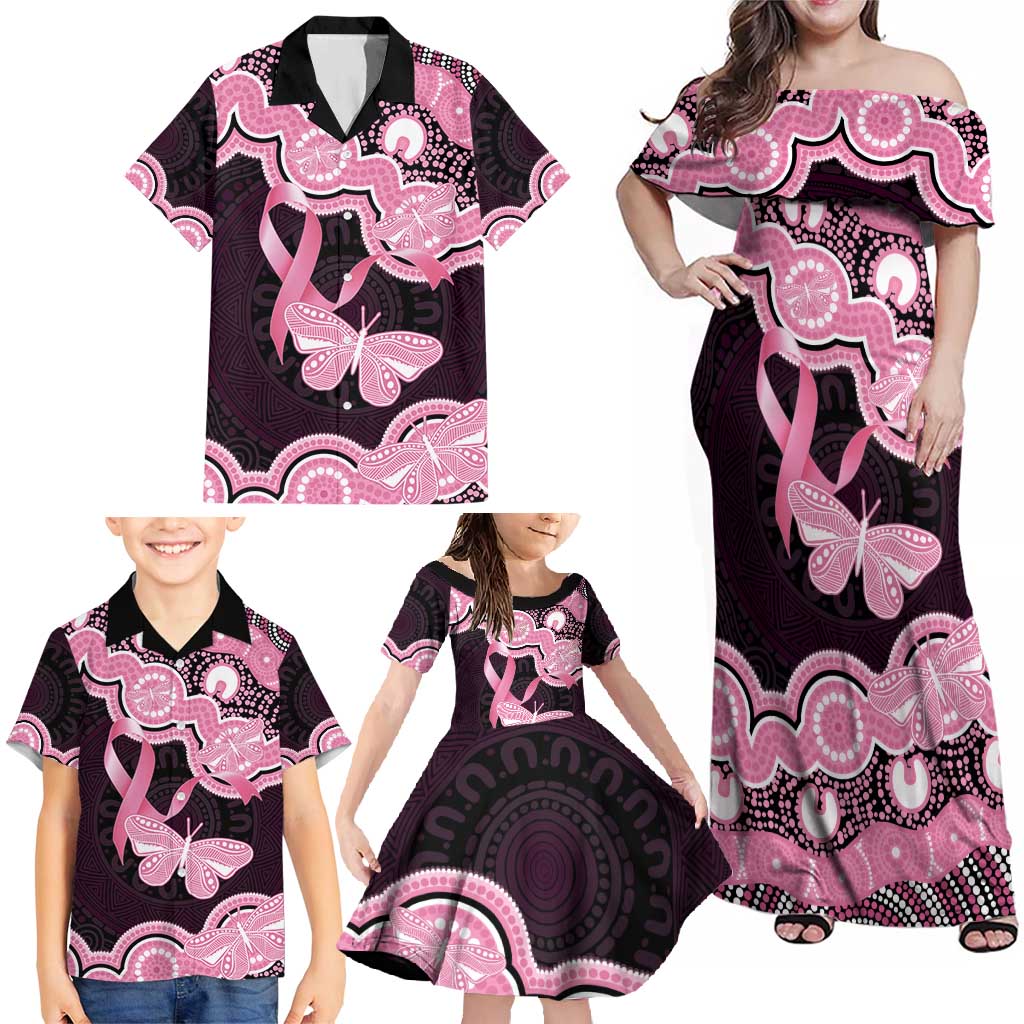 Australia Indigenous Family Matching Off Shoulder Maxi Dress and Hawaiian Shirt Pink Ribbon Breast Cancer Butterfly Aboriginal Black - Aussie Hoodie